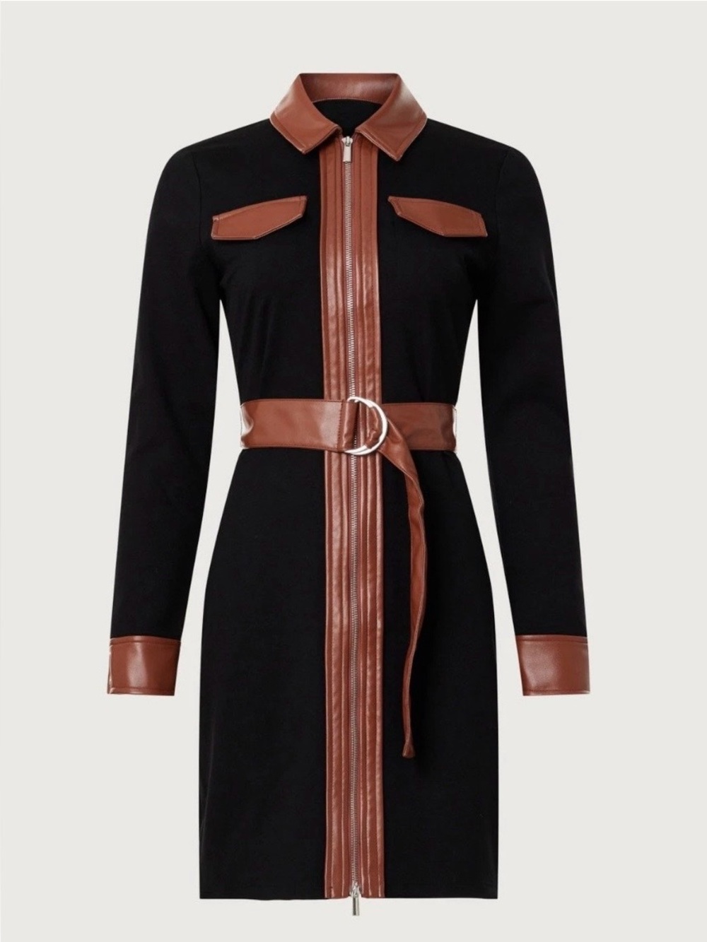 Derek Lam 10 Crosby Black & Brown Leather-Trim Zip Front Dress M EU 46